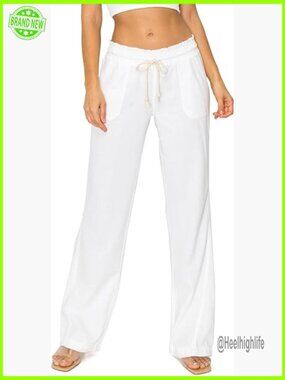 Women's Linen Wide Leg Pants with Pockets Smocked Waist Drawstring 32" Inseam